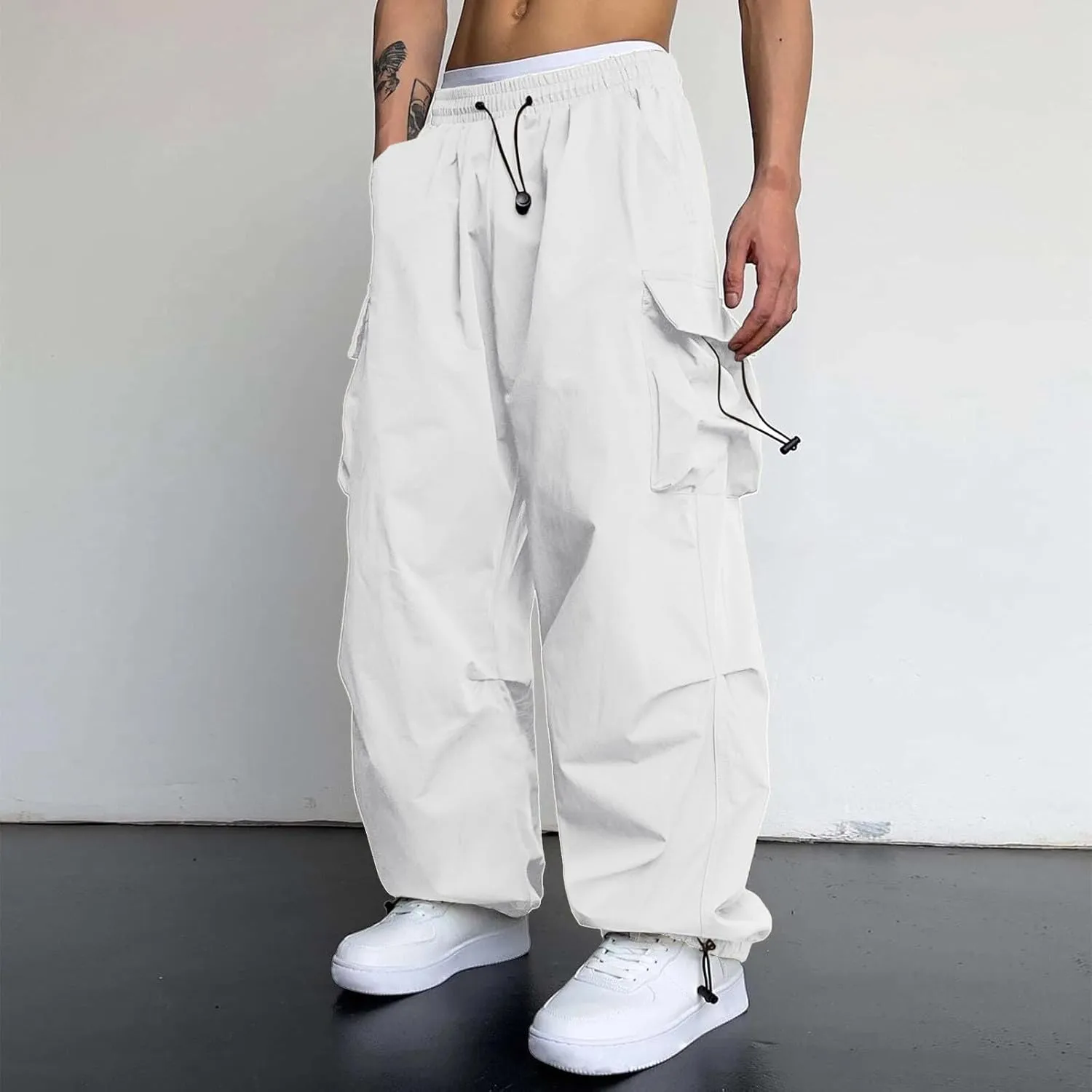 Men's Baggy Cargo Pants,Work Parachute Cargo Pants Y2k Casual Hip Hop Harem Pants with Pockets Sports Running Streewear