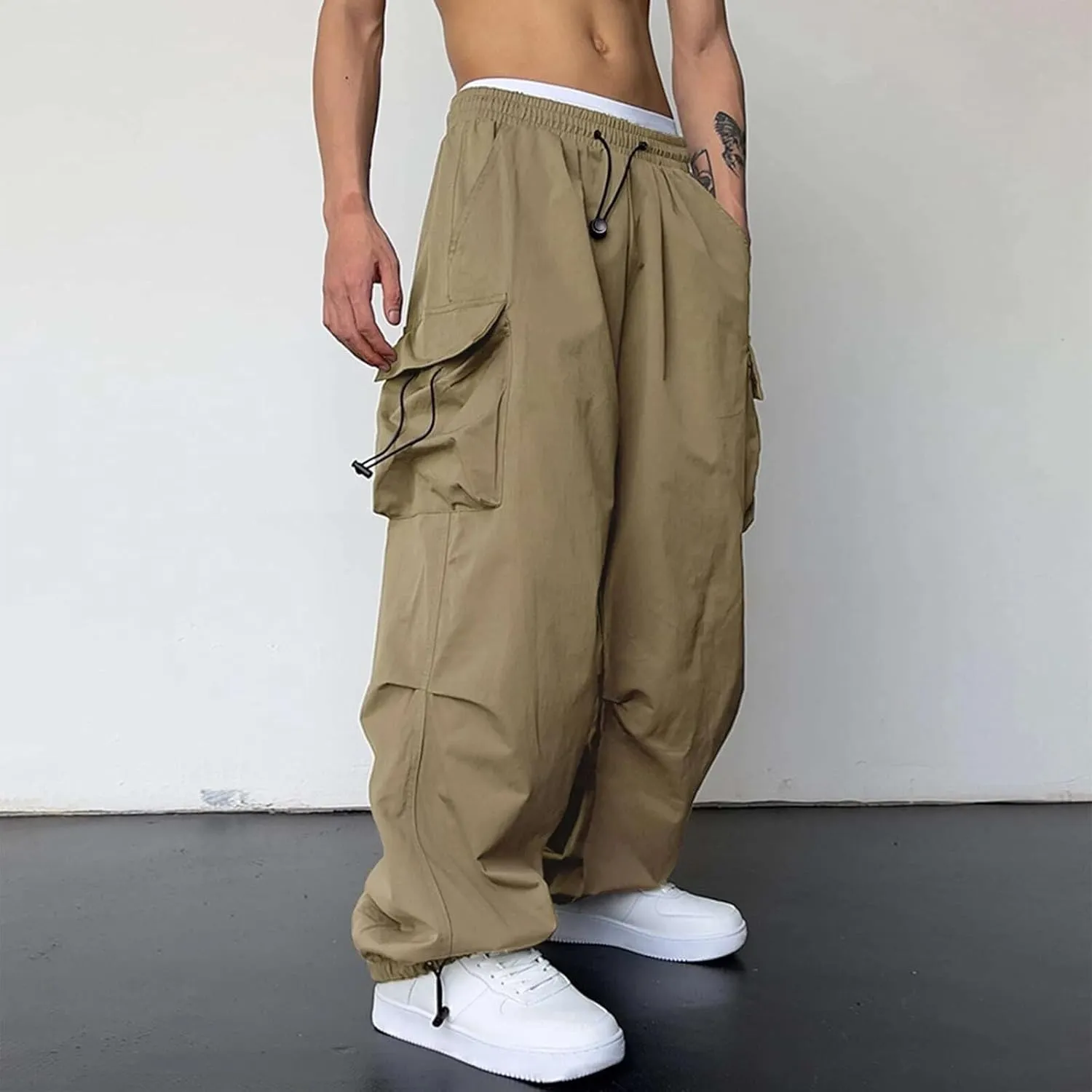 Men's Baggy Cargo Pants,Work Parachute Cargo Pants Y2k Casual Hip Hop Harem Pants with Pockets Sports Running Streewear