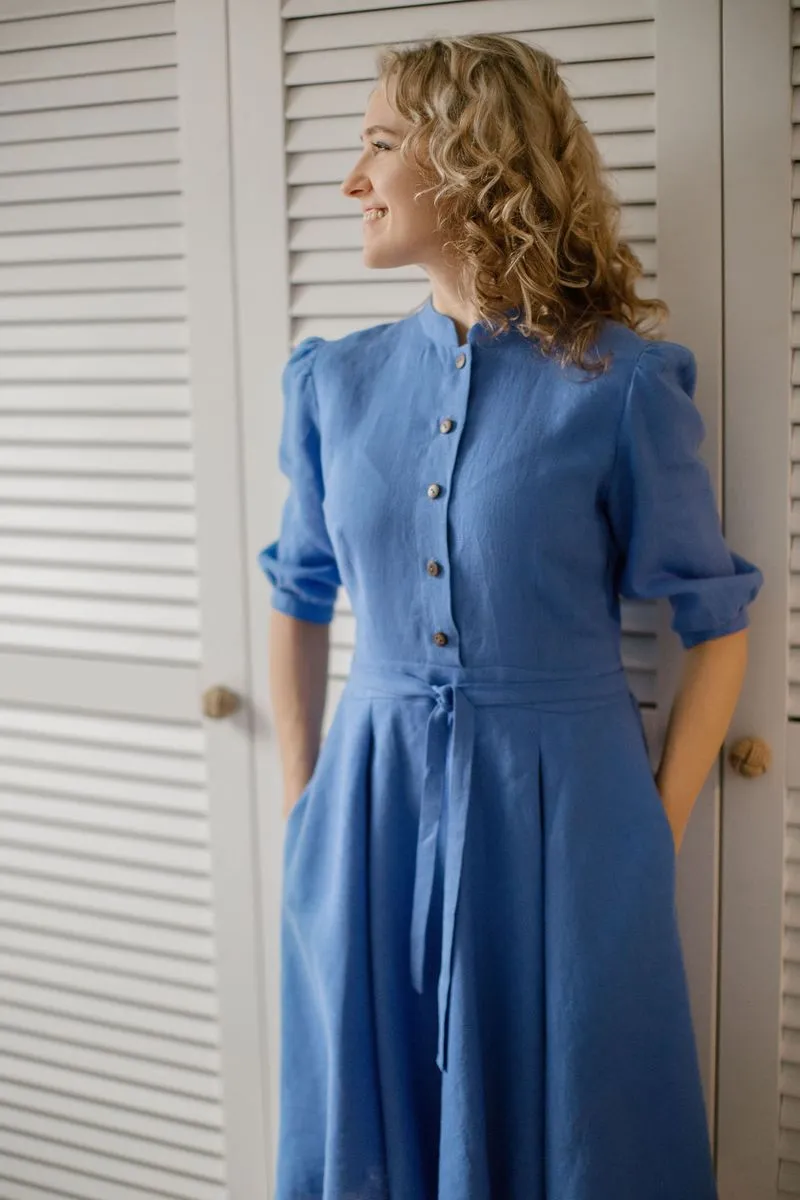 Mock-Neckline Elegant Linen Dress