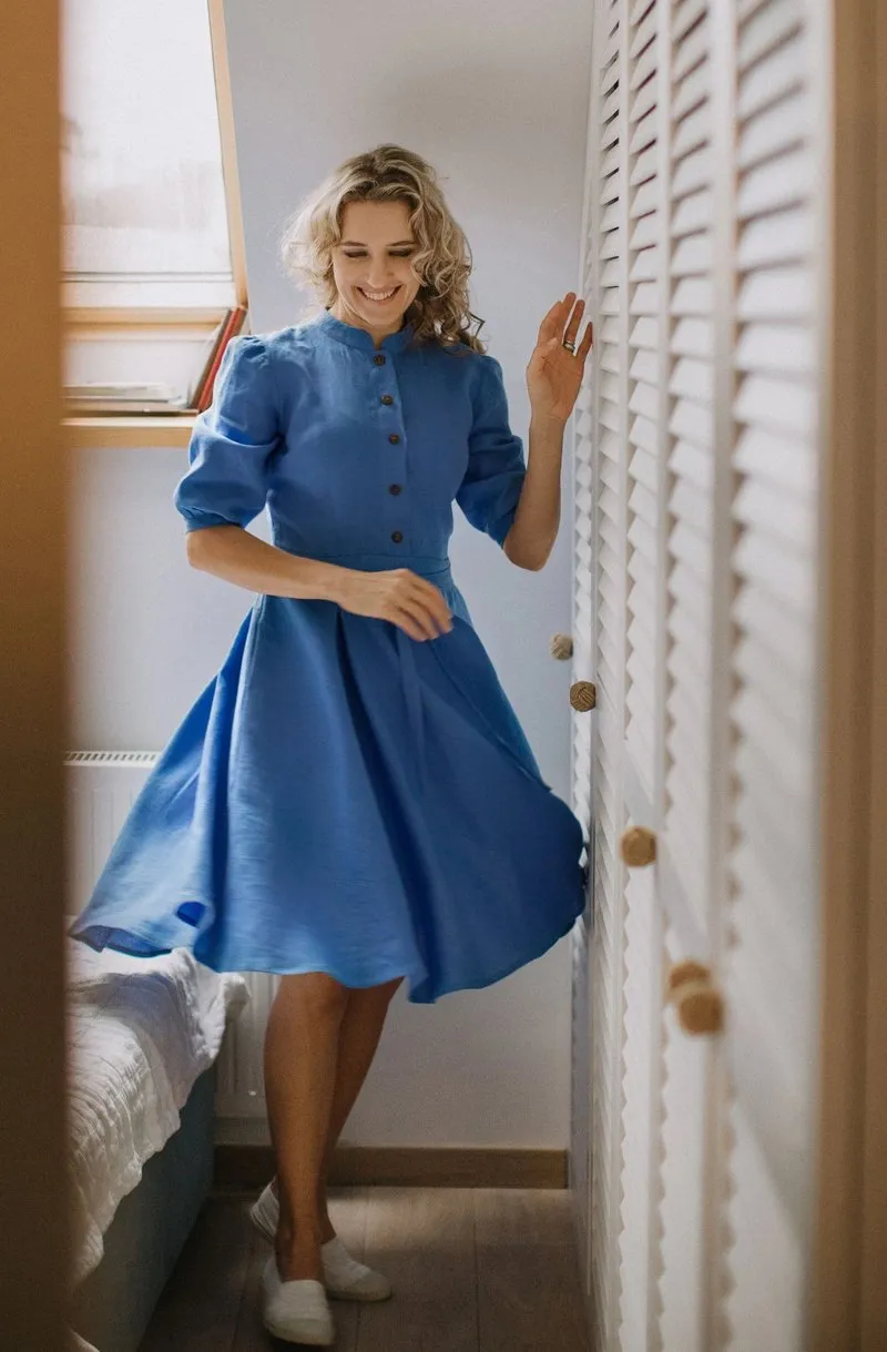 Mock-Neckline Elegant Linen Dress