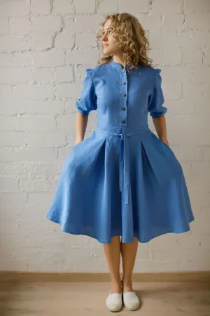 Mock-Neckline Elegant Linen Dress