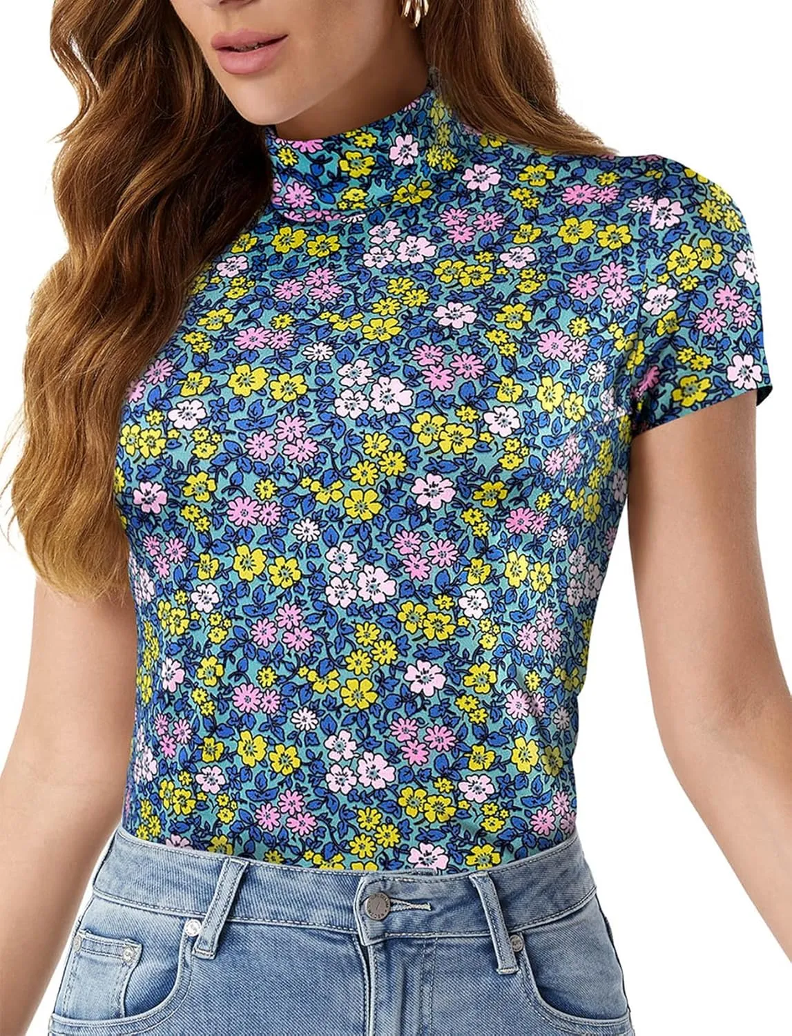Mock Turtleneck Short Sleeve Tops for Women, Mock Neck Fitted T-Shirt Flowey Print Baselayer Office Tee