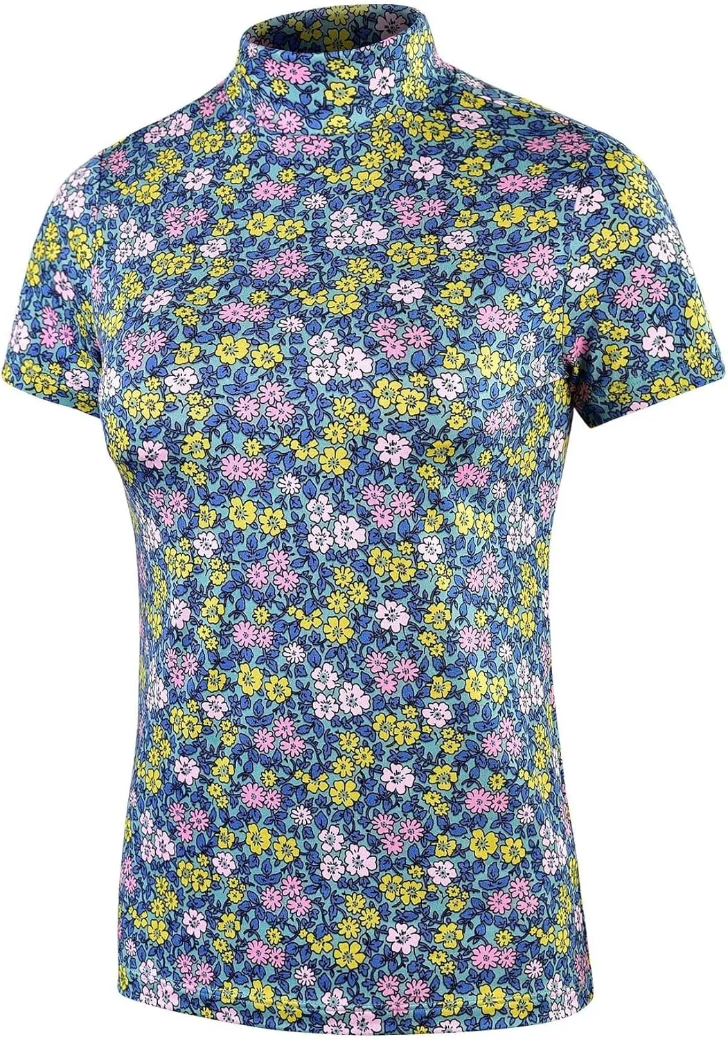 Mock Turtleneck Short Sleeve Tops for Women, Mock Neck Fitted T-Shirt Flowey Print Baselayer Office Tee