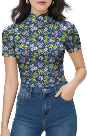 Mock Turtleneck Short Sleeve Tops for Women, Mock Neck Fitted T-Shirt Flowey Print Baselayer Office Tee