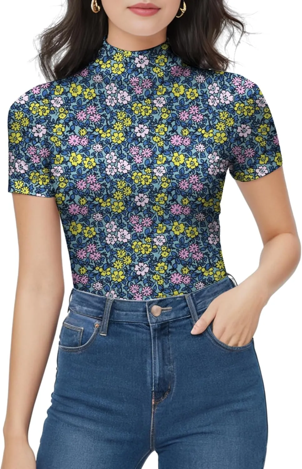 Mock Turtleneck Short Sleeve Tops for Women, Mock Neck Fitted T-Shirt Flowey Print Baselayer Office Tee