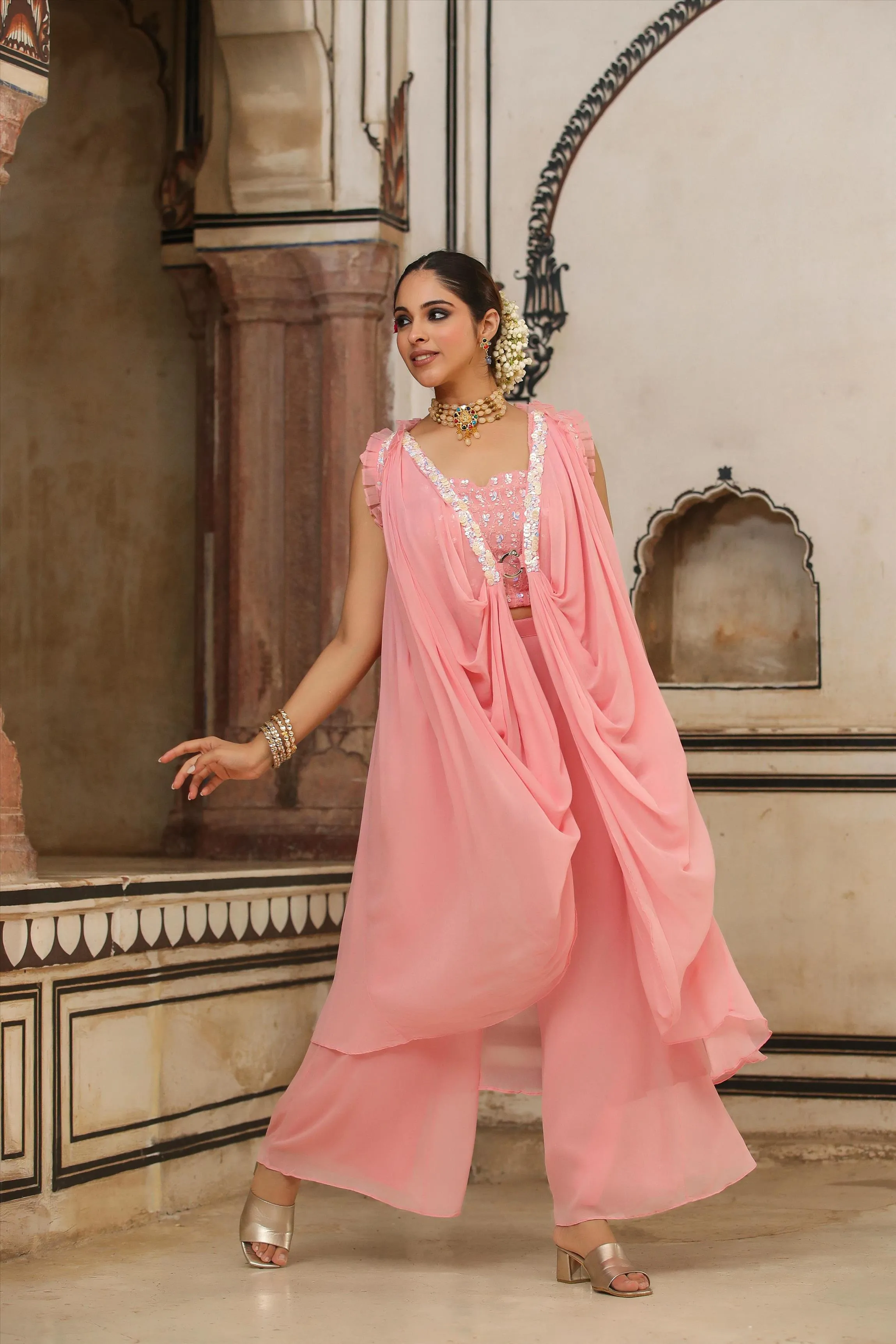 Peach Georgette Embellished Crop Top-Palazzo & Cowl Cape