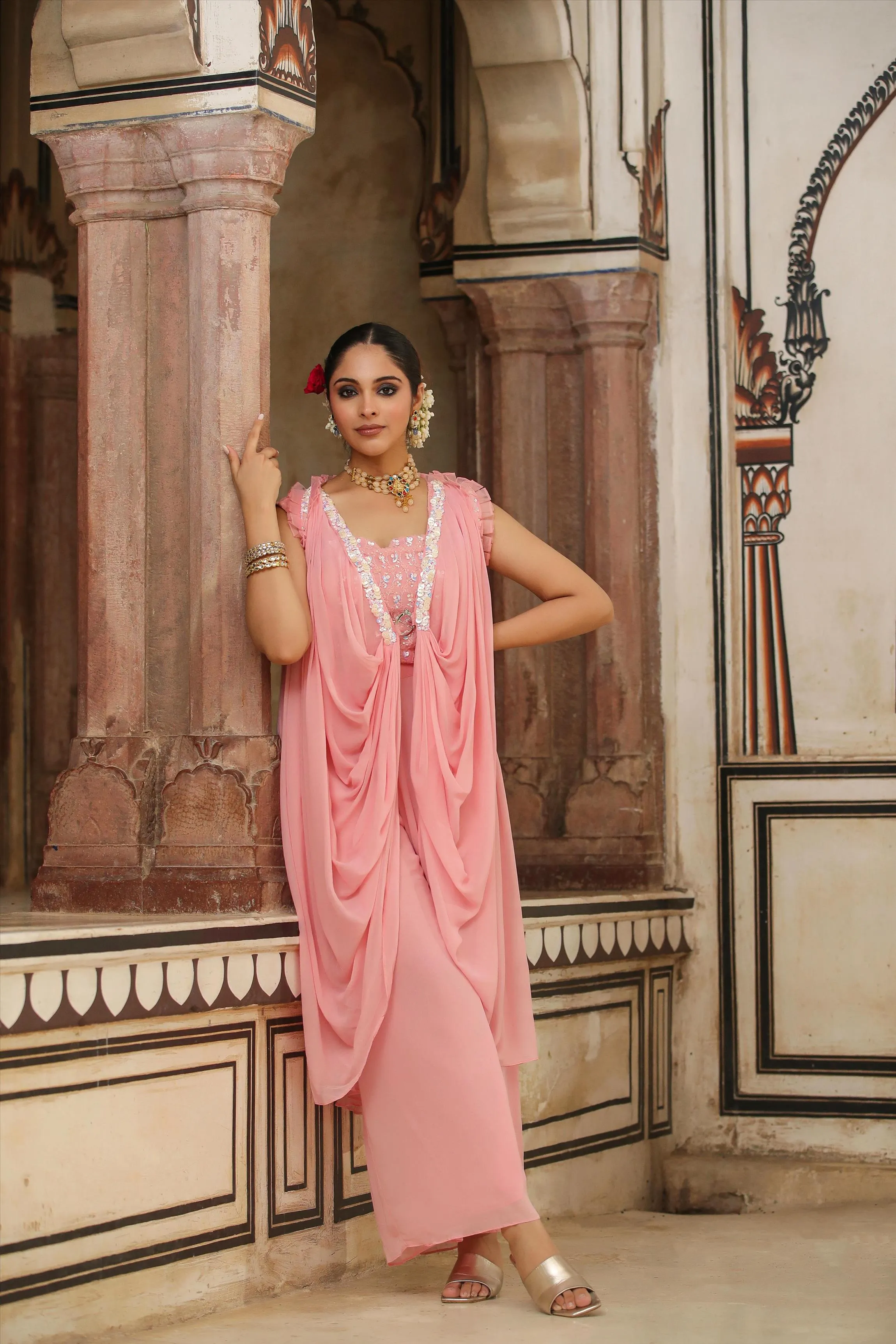 Peach Georgette Embellished Crop Top-Palazzo & Cowl Cape