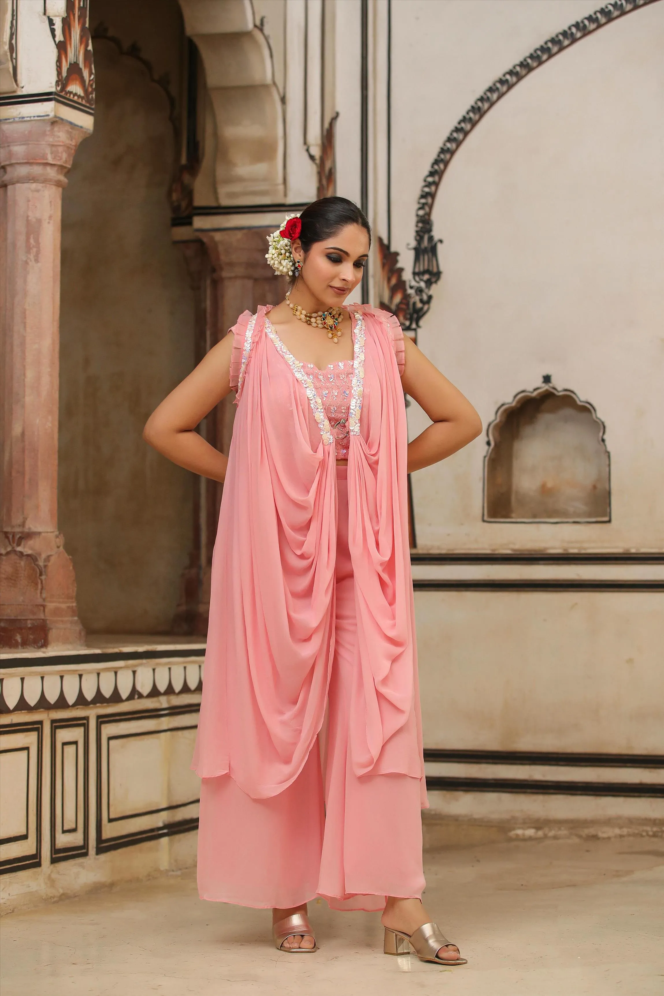 Peach Georgette Embellished Crop Top-Palazzo & Cowl Cape