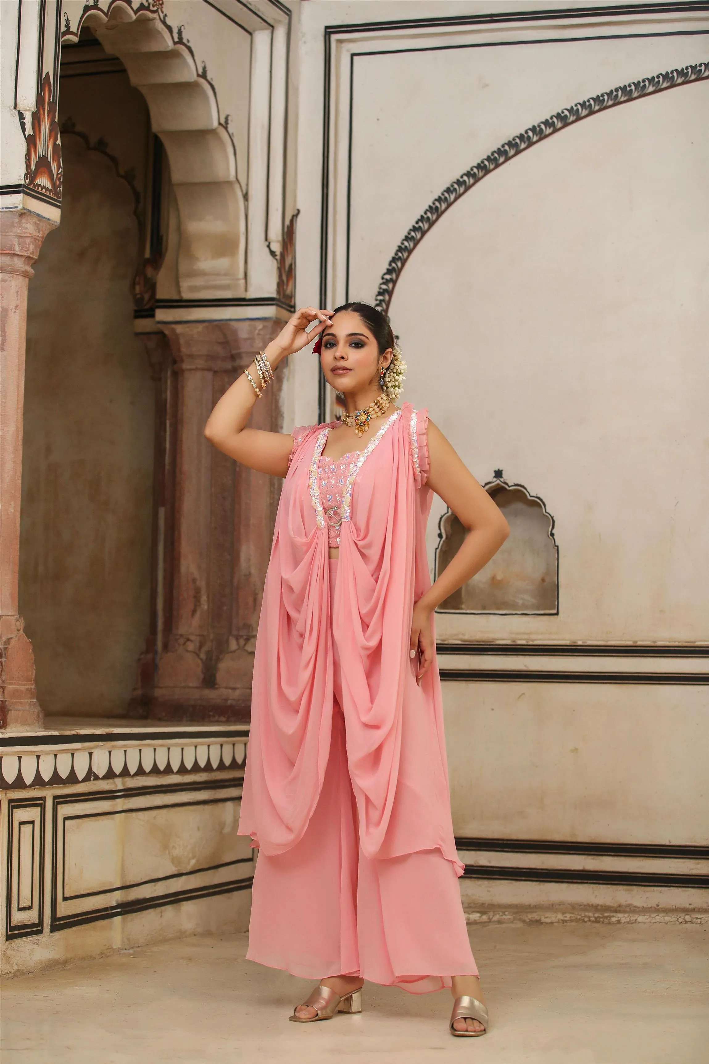 Peach Georgette Embellished Crop Top-Palazzo & Cowl Cape