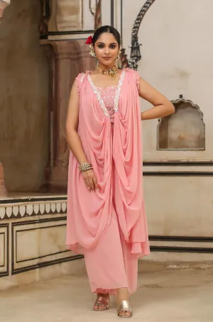 Peach Georgette Embellished Crop Top-Palazzo & Cowl Cape