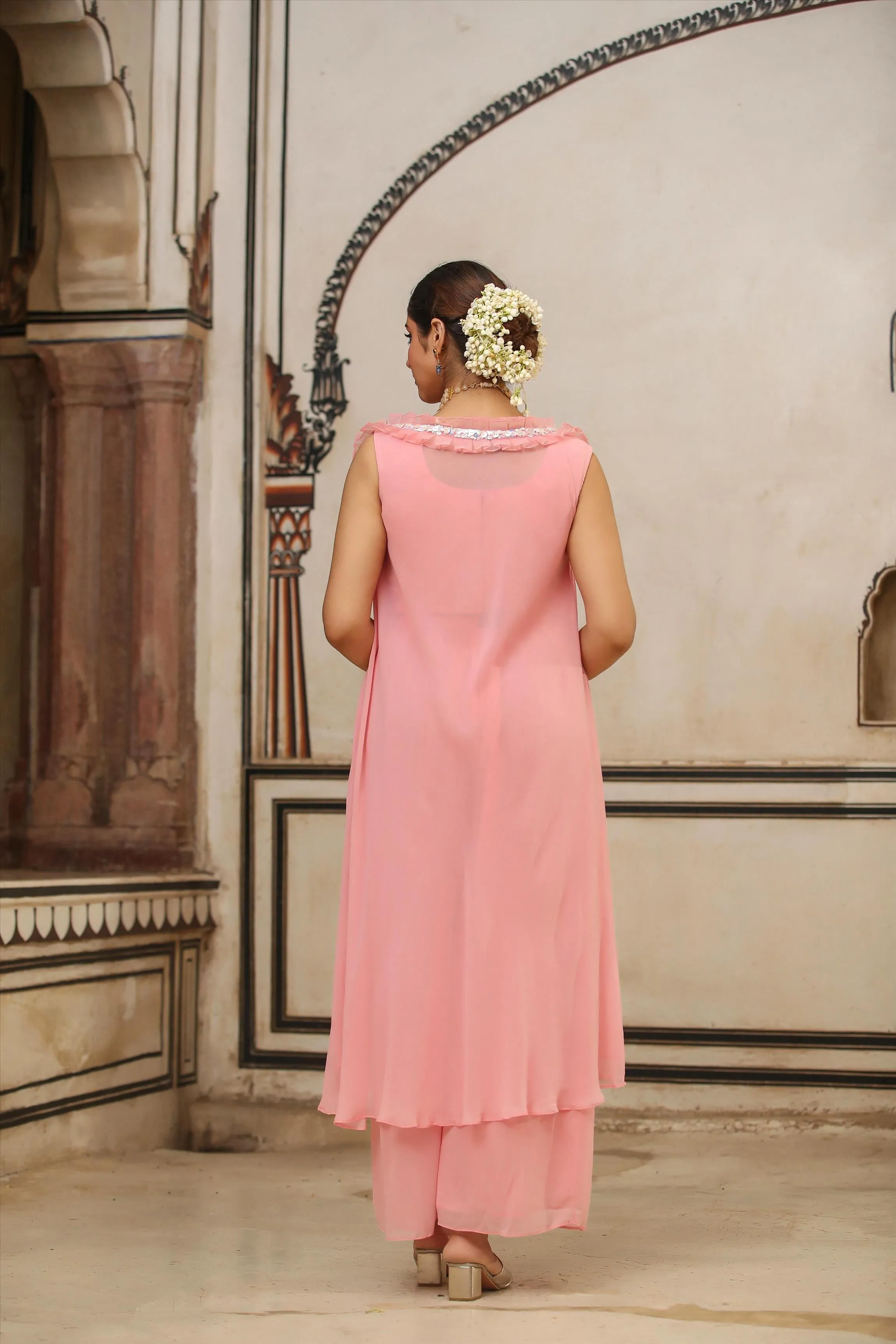 Peach Georgette Embellished Crop Top-Palazzo & Cowl Cape