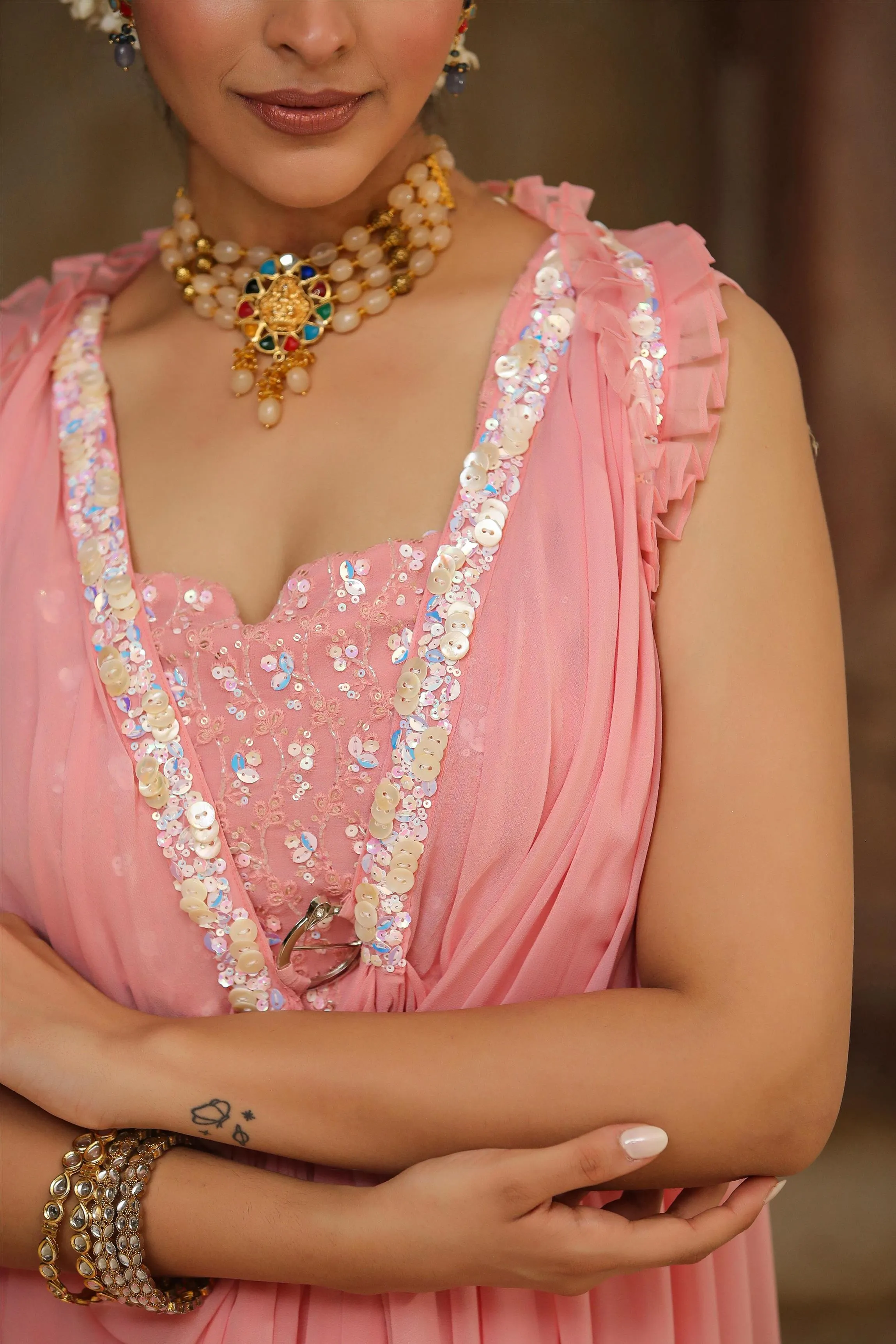 Peach Georgette Embellished Crop Top-Palazzo & Cowl Cape
