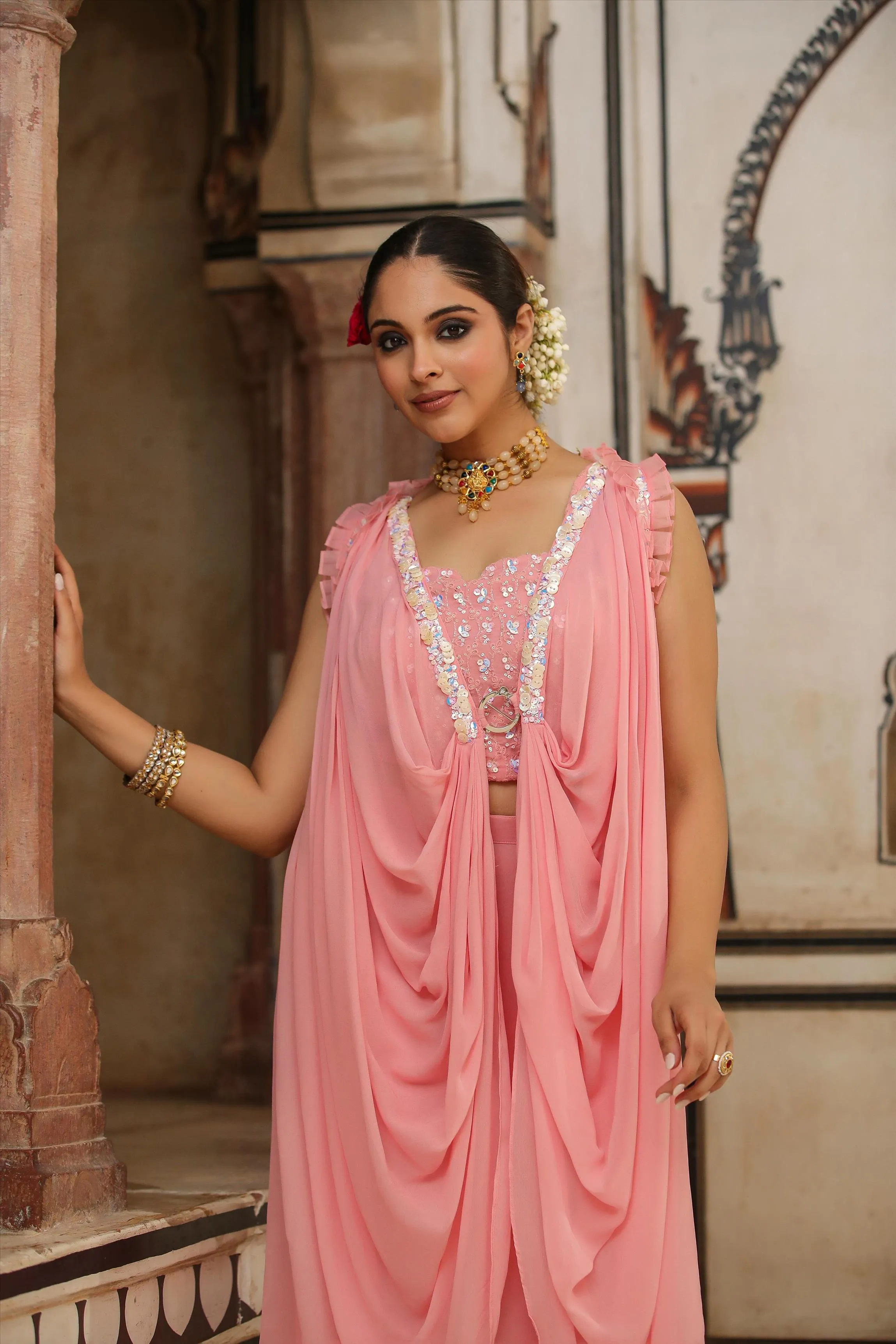 Peach Georgette Embellished Crop Top-Palazzo & Cowl Cape