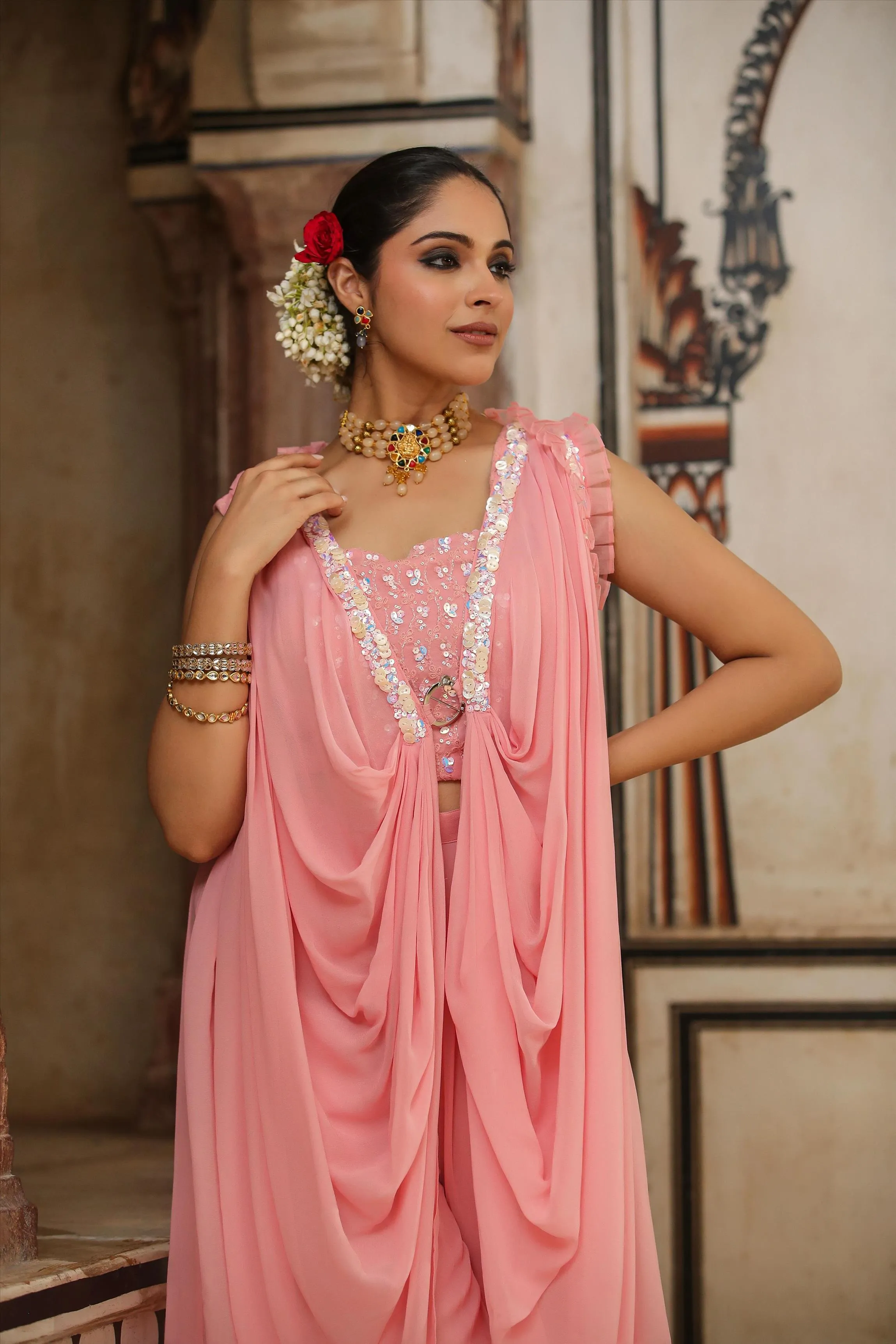 Peach Georgette Embellished Crop Top-Palazzo & Cowl Cape