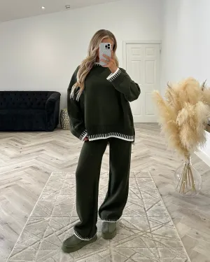 Peggy Round Neck Oversized Stitch Design Top & Trouser Set - Khaki/White