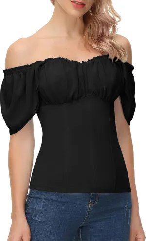 Scarlet Darkness Women Renaissance Shirt Off Shoulder Flutter Short Sleeve Top Summer Square Neck Peasant Blouse