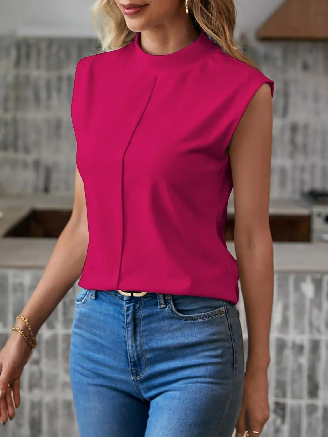 SOLY HUX Women's Mock Turtle Neck Sleeveless Tops Summer Trendy Basic Cap Sleeve Tunic Tank Tops