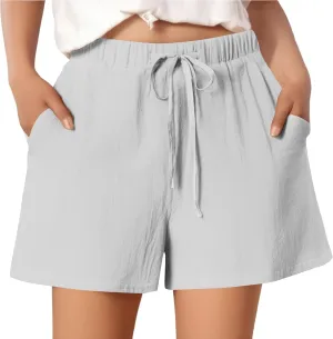 Summer Shorts for Women 2025 Vacation High Rise Linen Shorts Beach Flowy Elastic Pocket Solid Dressy Casual Pants 2025