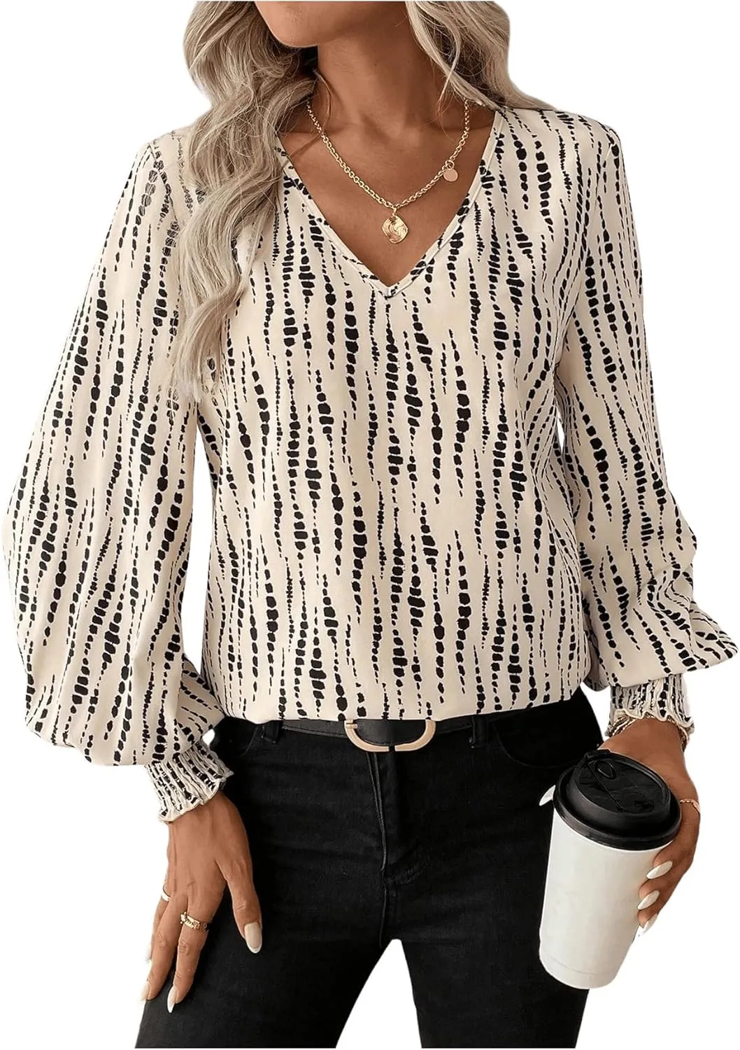 SweatyRocks Women's Leopard Print V Neck Long Lantern Sleeve Shirred Blouse Shirt Tops