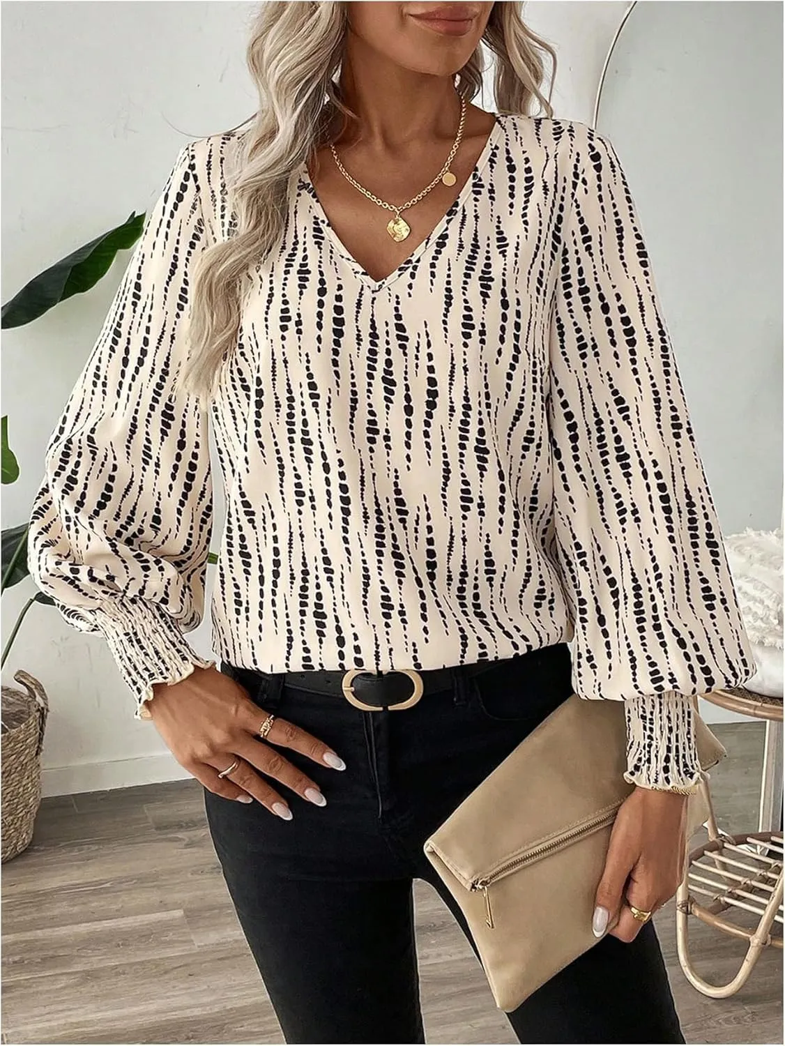 SweatyRocks Women's Leopard Print V Neck Long Lantern Sleeve Shirred Blouse Shirt Tops