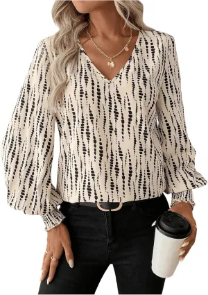 SweatyRocks Women's Leopard Print V Neck Long Lantern Sleeve Shirred Blouse Shirt Tops