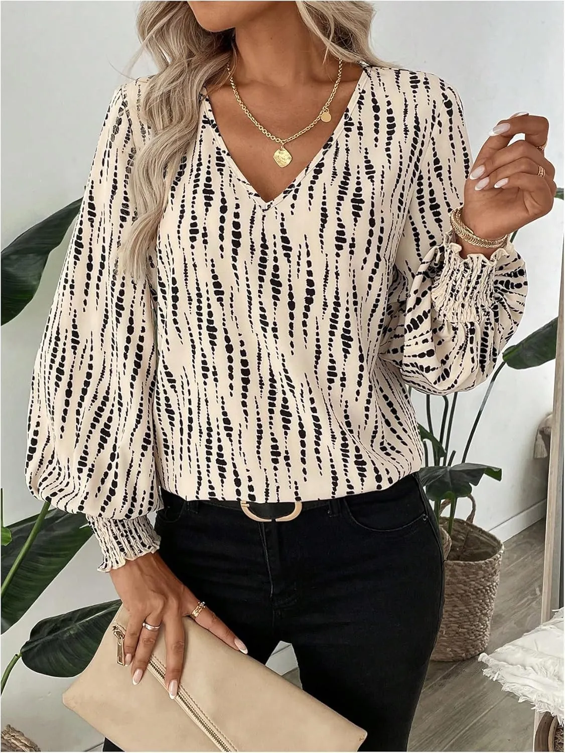 SweatyRocks Women's Leopard Print V Neck Long Lantern Sleeve Shirred Blouse Shirt Tops
