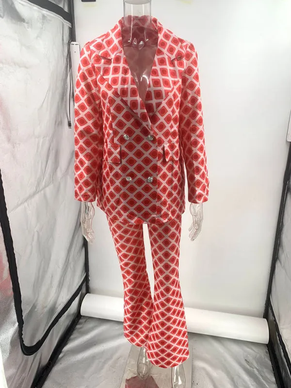 Trendy Geo Print Blazer & Pants Set for Business Casual Wear