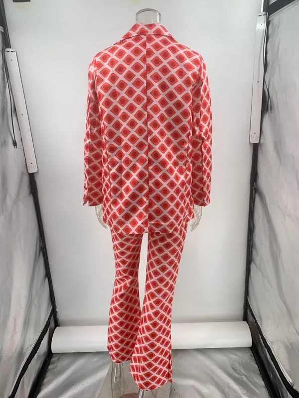 Trendy Geo Print Blazer & Pants Set for Business Casual Wear