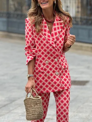 Trendy Geo Print Blazer & Pants Set for Business Casual Wear