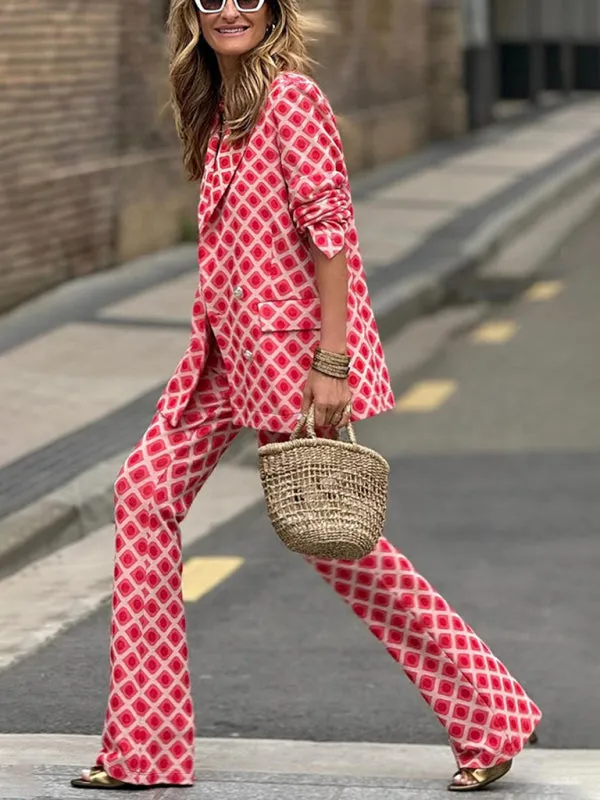 Trendy Geo Print Blazer & Pants Set for Business Casual Wear
