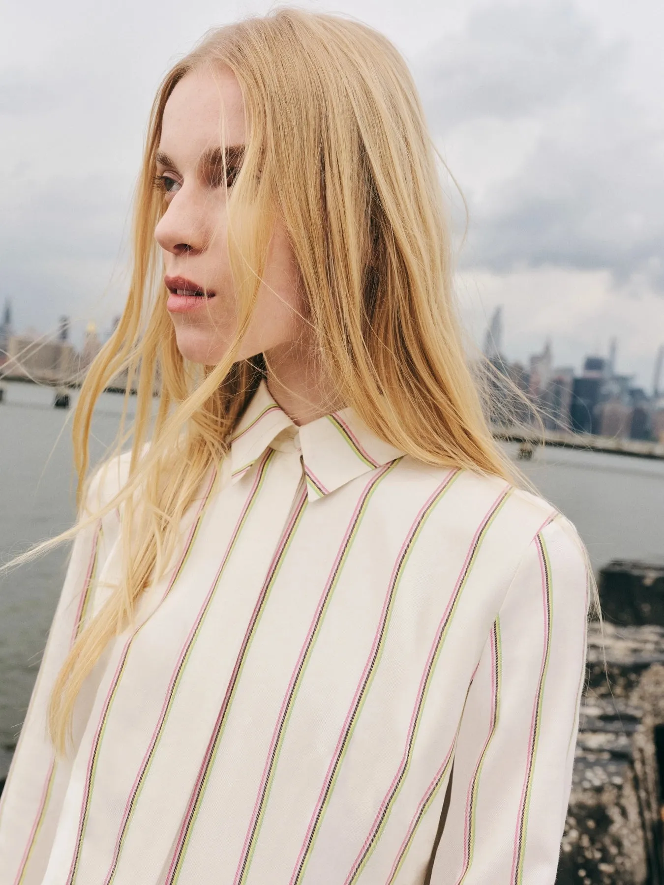 Vanessa Shirtdress in Ivory Multi Stripe Wool Silk