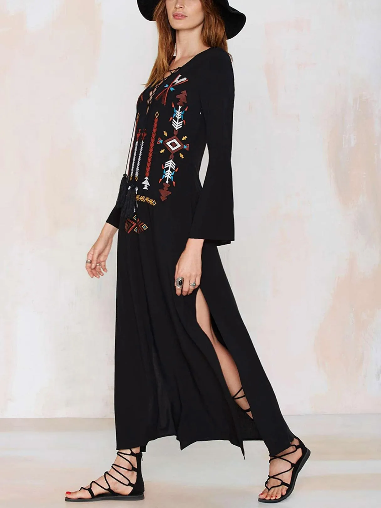 Wholesale Black Deep V Neck Long Sleeve Embroidered Lace-Up Slit Hem Maxi Dress