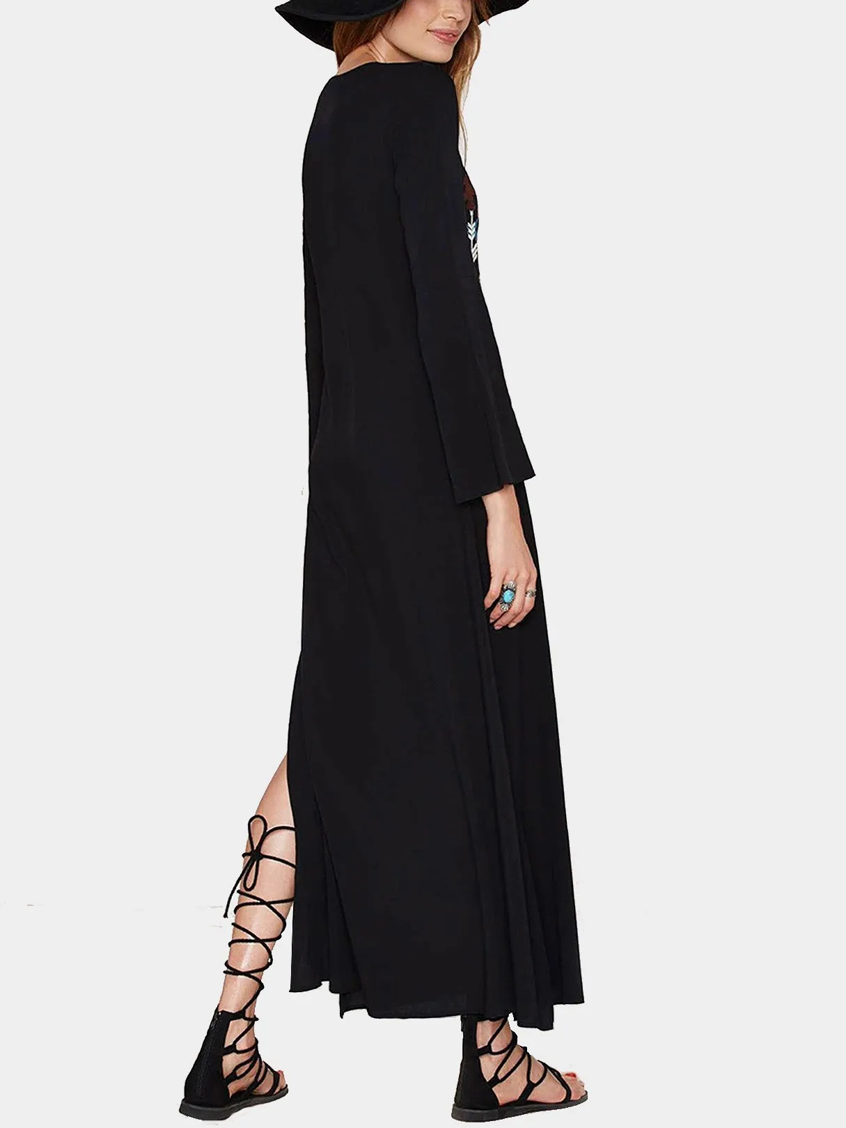 Wholesale Black Deep V Neck Long Sleeve Embroidered Lace-Up Slit Hem Maxi Dress