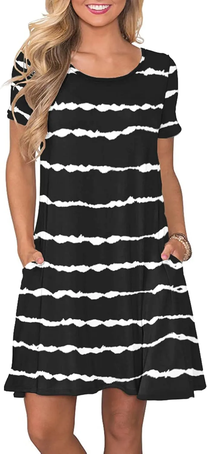 WNEEDU Women's Summer Casual T Shirt Dresses Short Sleeve Swing Dress with Pockets