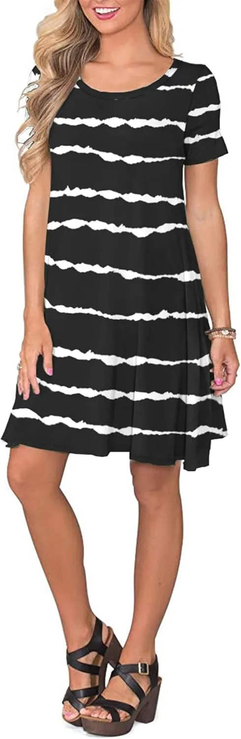 WNEEDU Women's Summer Casual T Shirt Dresses Short Sleeve Swing Dress with Pockets