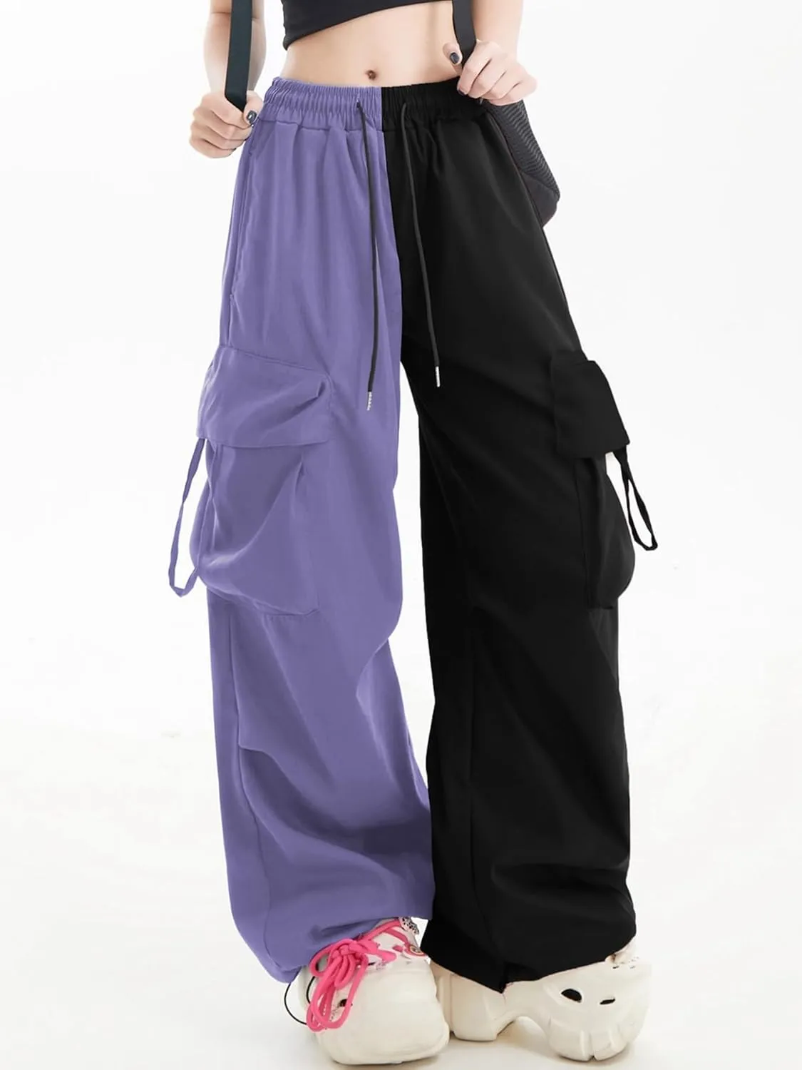 Women Cargo Pants Patchwork Y2K Streetwear Baggy Drawstring Elastic Parachute Pants