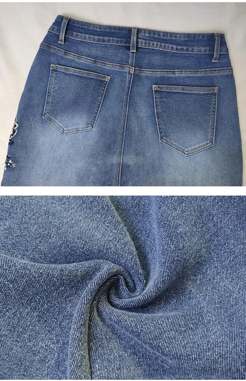 Women Vintage Embroidered High Waist Bell Bottom Jeans Skinny Stretch Flower Flare Denim Pants