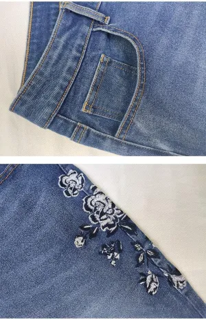 Women Vintage Embroidered High Waist Bell Bottom Jeans Skinny Stretch Flower Flare Denim Pants