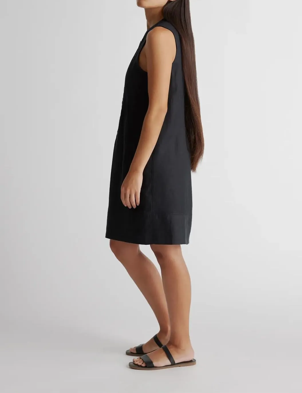 Women's Cotton Linen Crew Neck Sleeveless Swing Dress Casual Front Button Dresses with Pockets