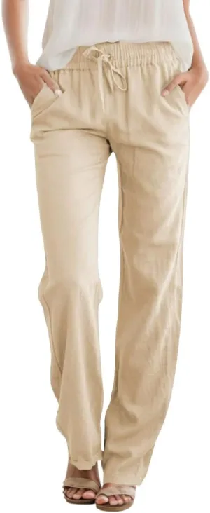 Womens High Waist Summer Casual Pants Drawstring Straight Leg Beach Vacation Lounge Pocket Linen Trousers