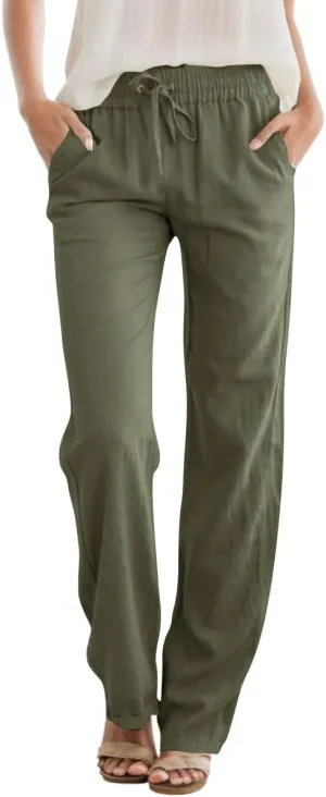 Womens High Waist Summer Casual Pants Drawstring Straight Leg Beach Vacation Lounge Pocket Linen Trousers