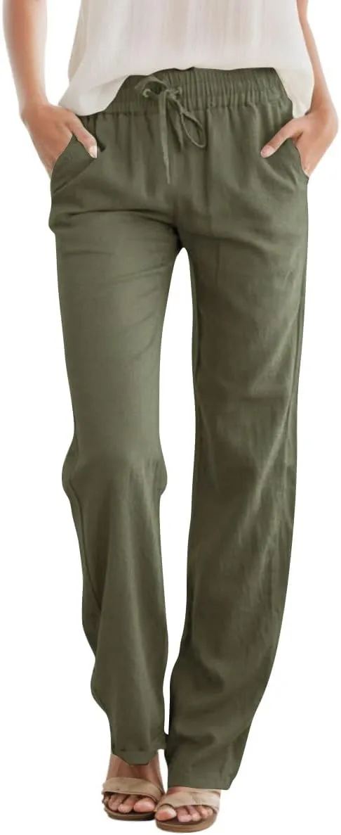 Womens High Waist Summer Casual Pants Drawstring Straight Leg Beach Vacation Lounge Pocket Linen Trousers
