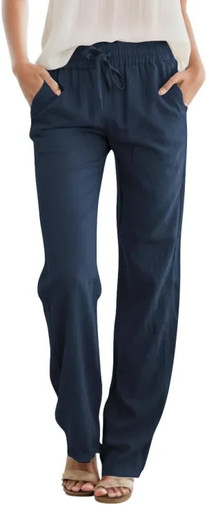 Womens High Waist Summer Casual Pants Drawstring Straight Leg Beach Vacation Lounge Pocket Linen Trousers