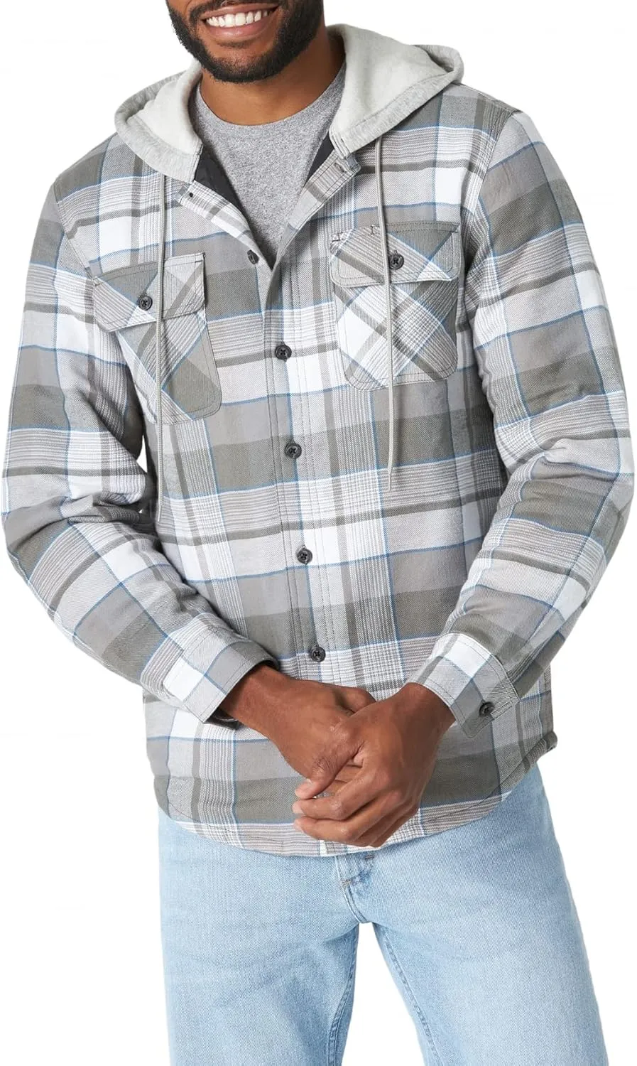 Wrangler Authentics Men's Long Sleeve Quilted Lined Flannel Shirt Jacket with Hood