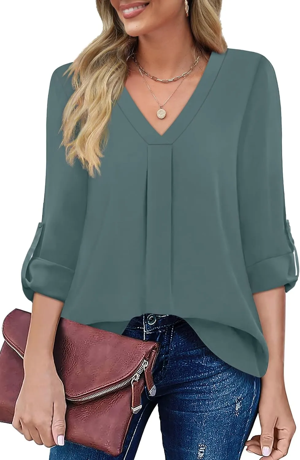 XIEERDUO 3/4 Sleeve Blouses for Women Business Casual V Neck Chiffon Shirts Tops