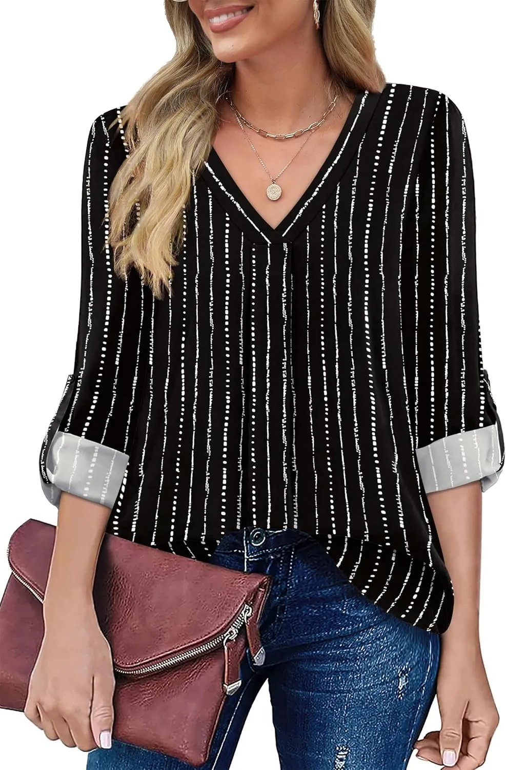 XIEERDUO 3/4 Sleeve Blouses for Women Business Casual V Neck Chiffon Shirts Tops