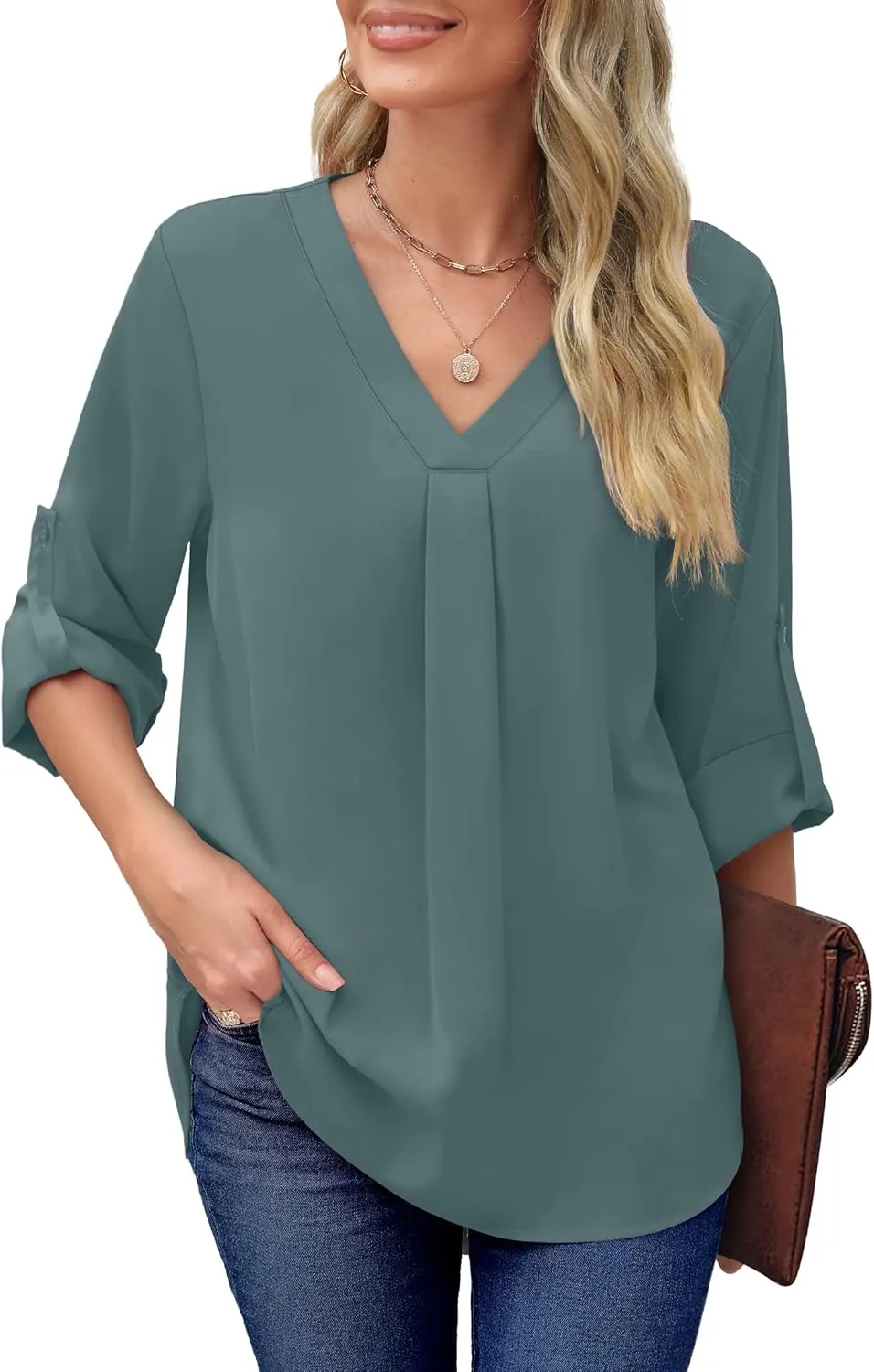 XIEERDUO 3/4 Sleeve Blouses for Women Business Casual V Neck Chiffon Shirts Tops