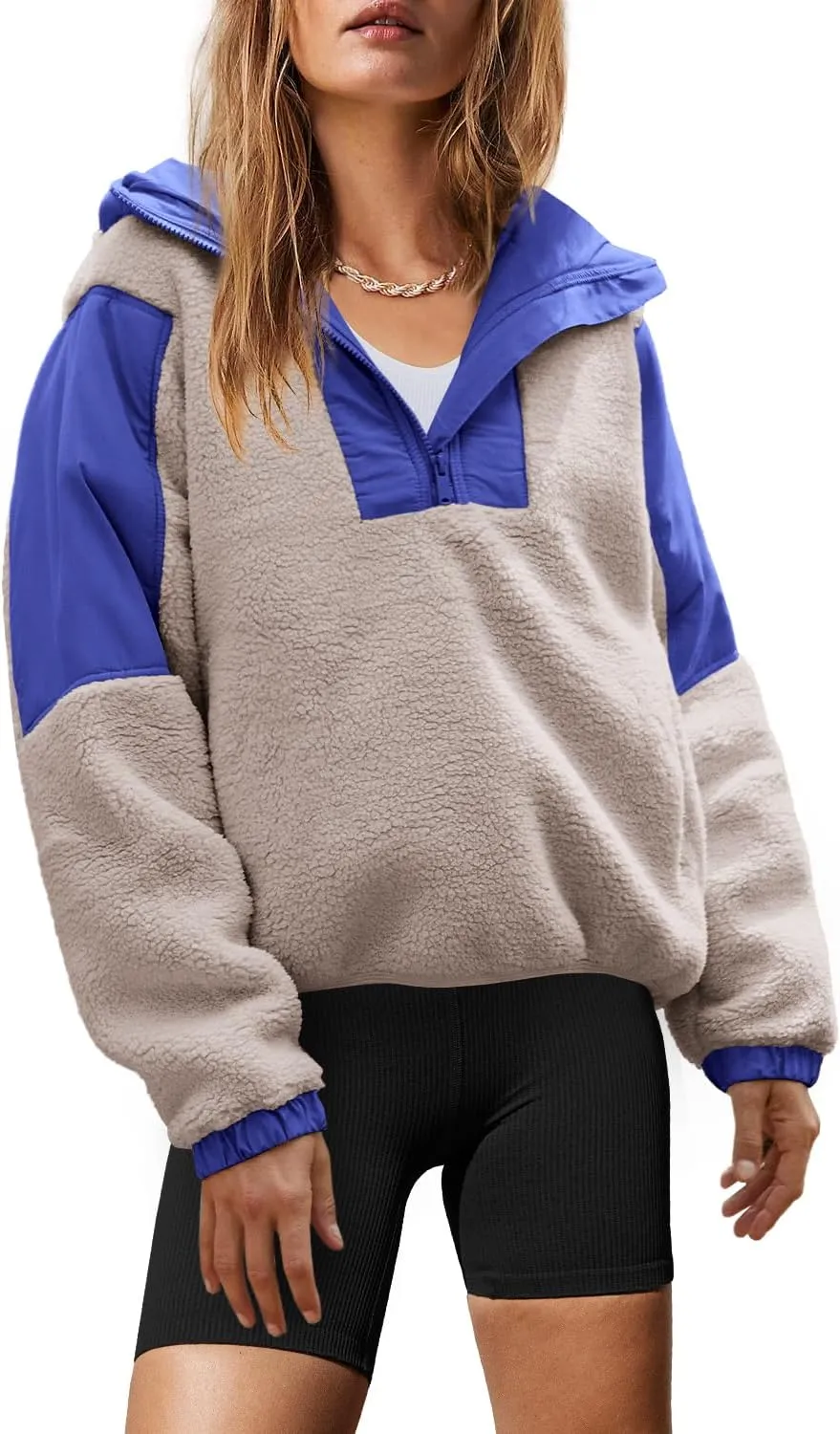 Yanekop Womens Fuzzy Fleece Hoodie Sherpa Sweatshirt Quarter Zip Pullover Long Sleeve Outerwear with Pockets