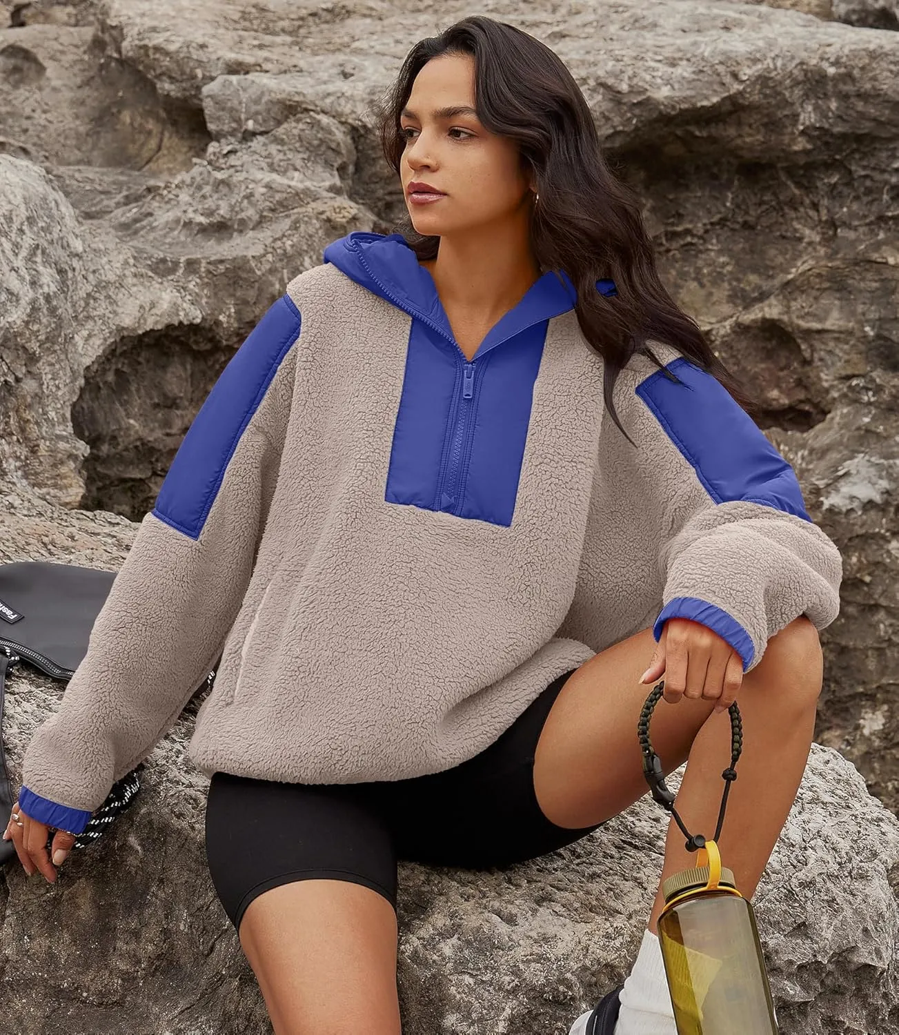 Yanekop Womens Fuzzy Fleece Hoodie Sherpa Sweatshirt Quarter Zip Pullover Long Sleeve Outerwear with Pockets