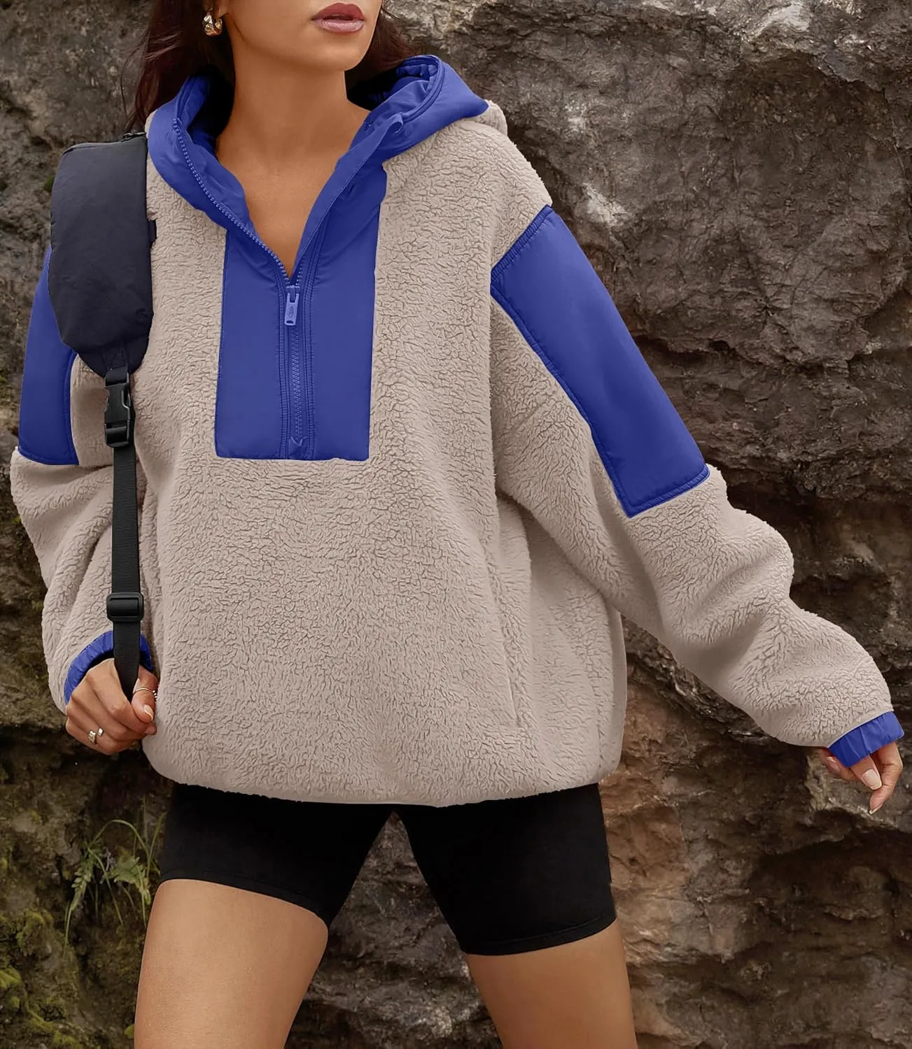 Yanekop Womens Fuzzy Fleece Hoodie Sherpa Sweatshirt Quarter Zip Pullover Long Sleeve Outerwear with Pockets